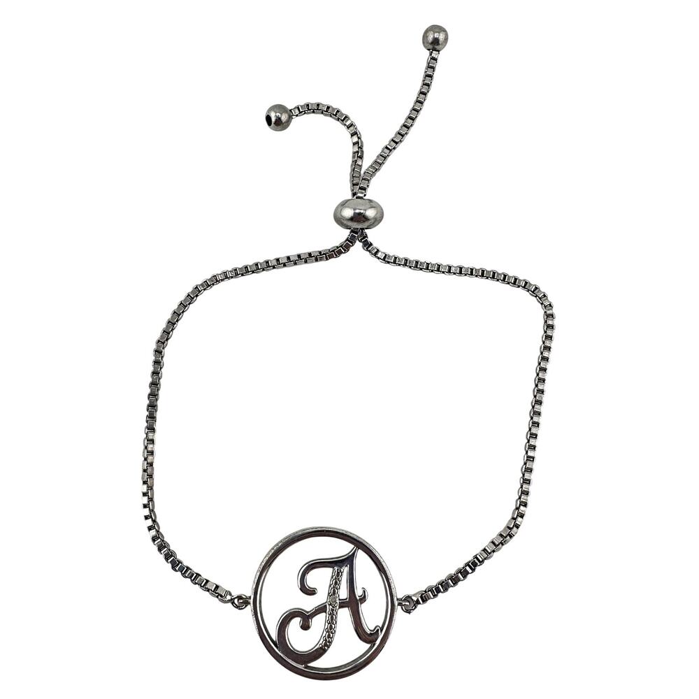 Diamond Chip A Cursive Initial Silver Tone Bolo Drawstring Adjustable Bracelet